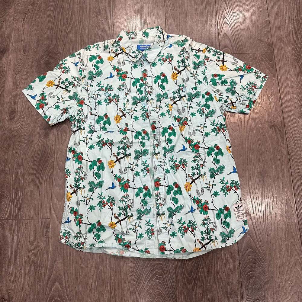 Adidas Originals Island Superstar Floral Print Short Sleeve Button-Down Shirt L